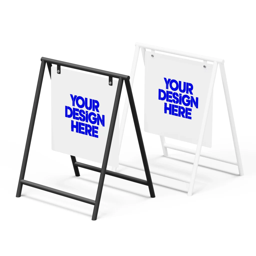 Axis Swinger A-Frame signs in black and white with 500 x 500 mm panels; durable powder-coated aluminium frames.